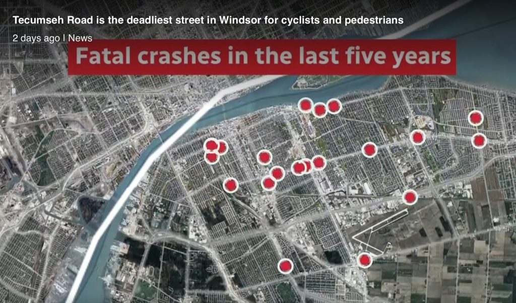 Total bicycle crashes in windsor the five years.
